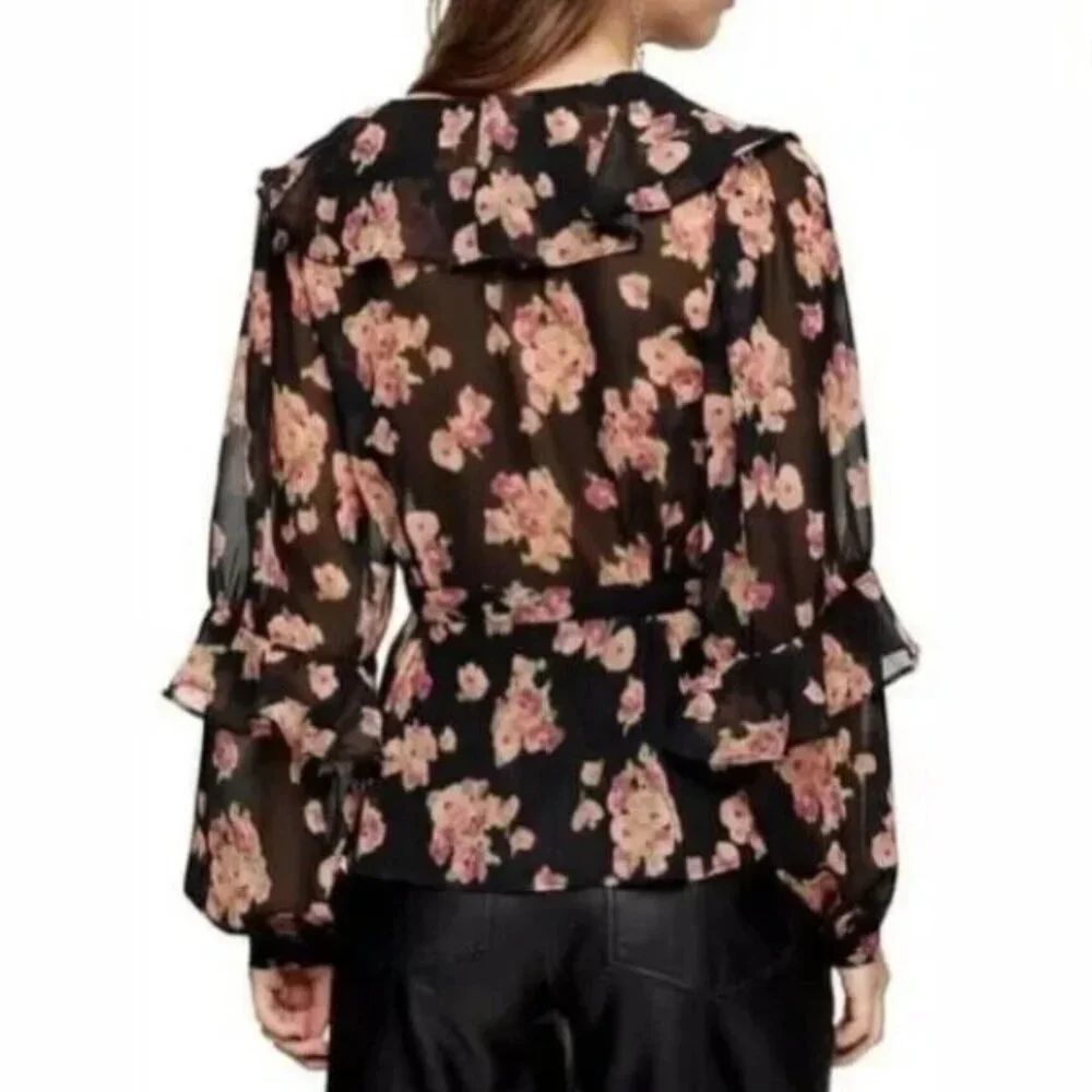 Topshop Black Floral Print Ruffle V Neck Women's Blouse Long Puff Sleeve Size 6 - Picture 4 of 5